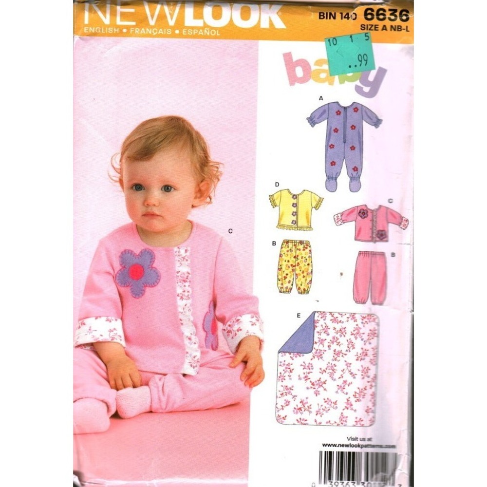 New Look 6636 Baby Sewing Pattern Romper Top Pants Blanket Size NB-L cut